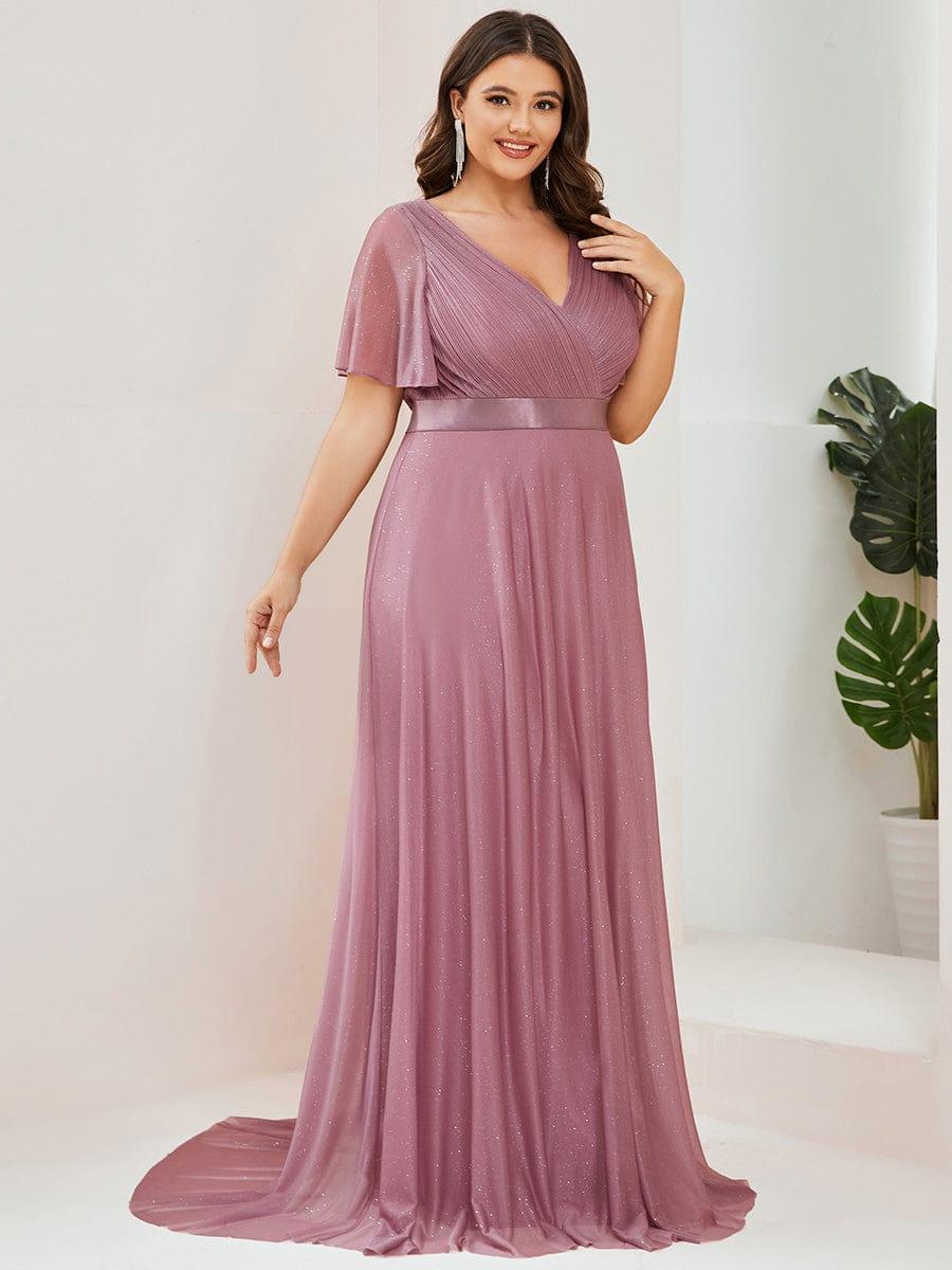 Plus size sparkly ribbon waist V-neck evening dress with sleeves for women