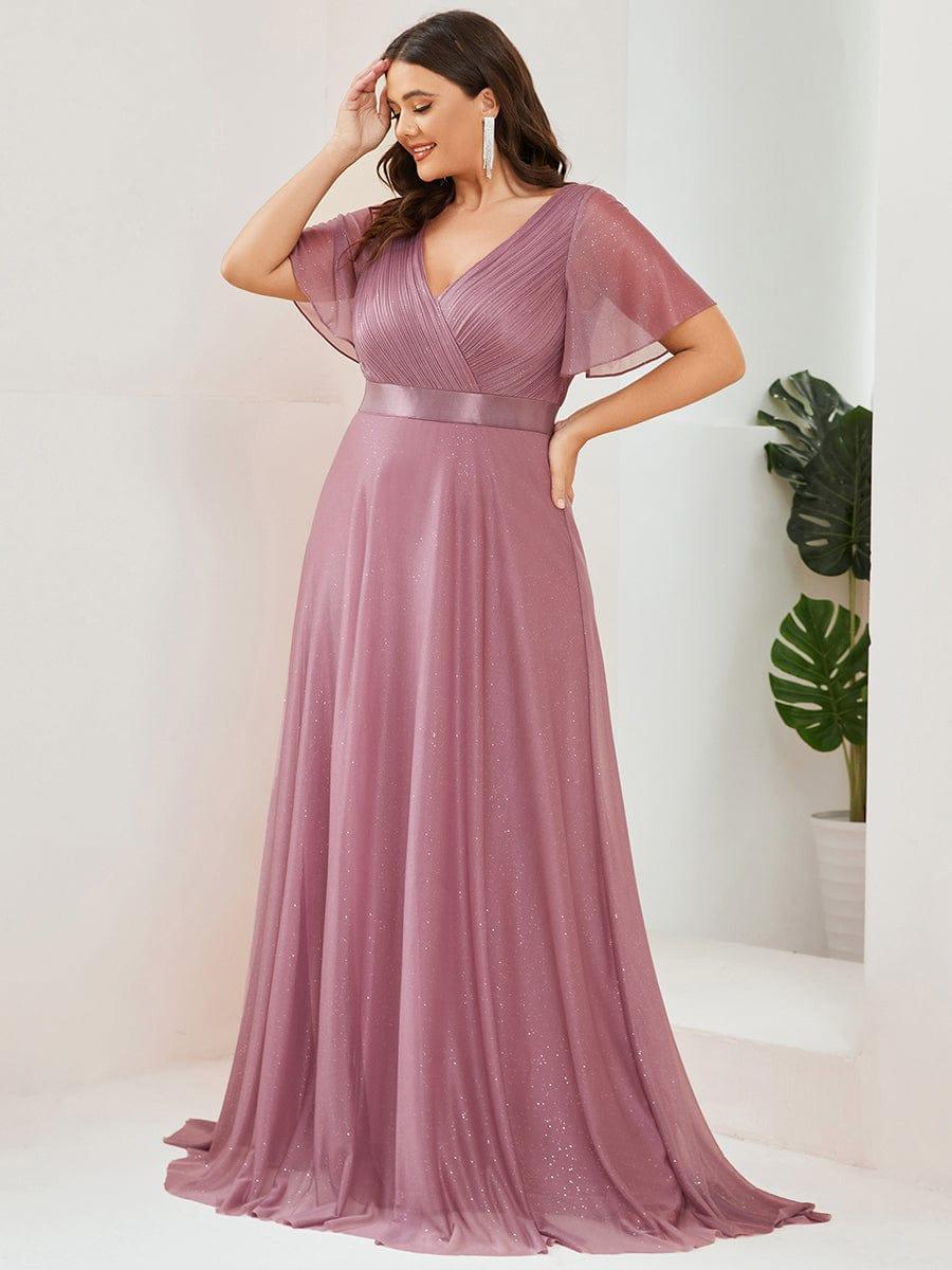 Plus size sparkly ribbon waist V-neck evening dress with sleeves for women