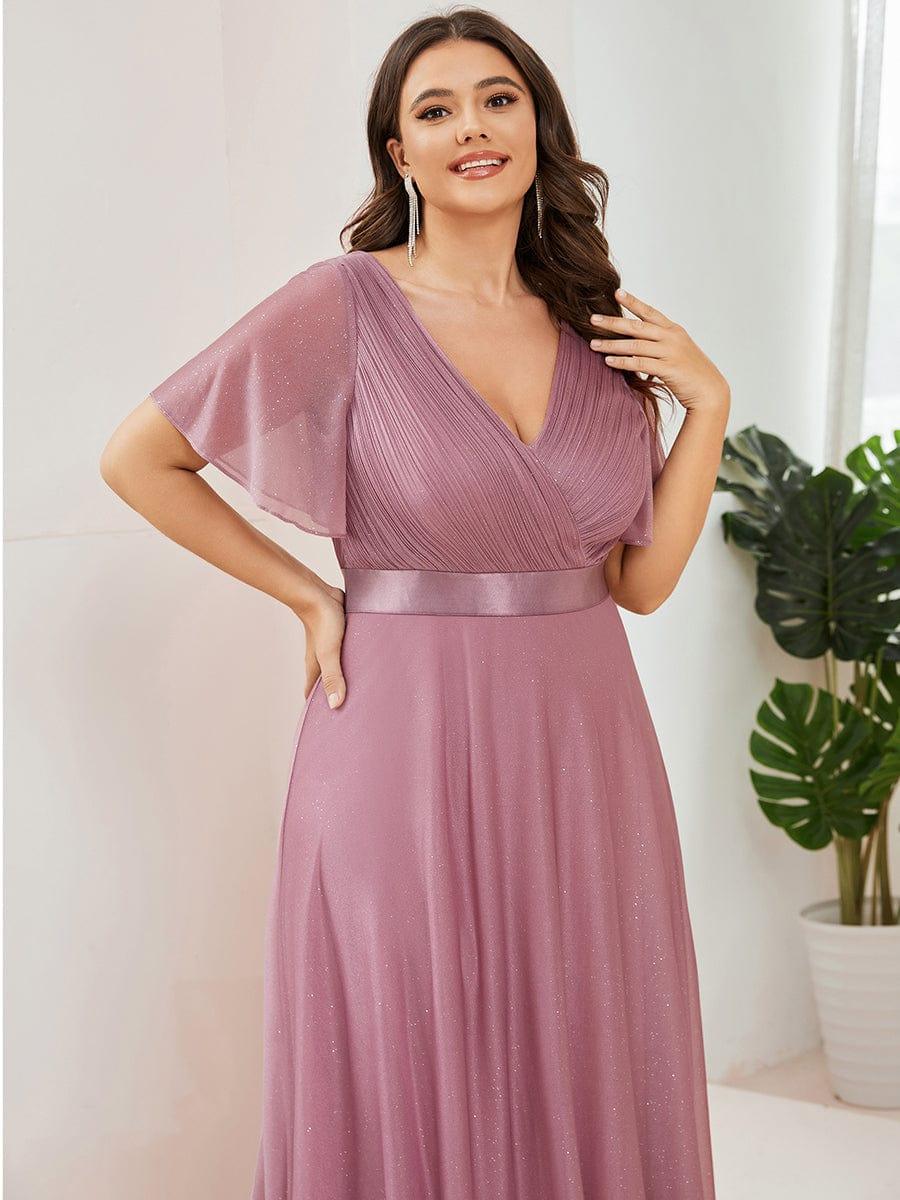 Plus size sparkly ribbon waist V-neck evening dress with sleeves for women