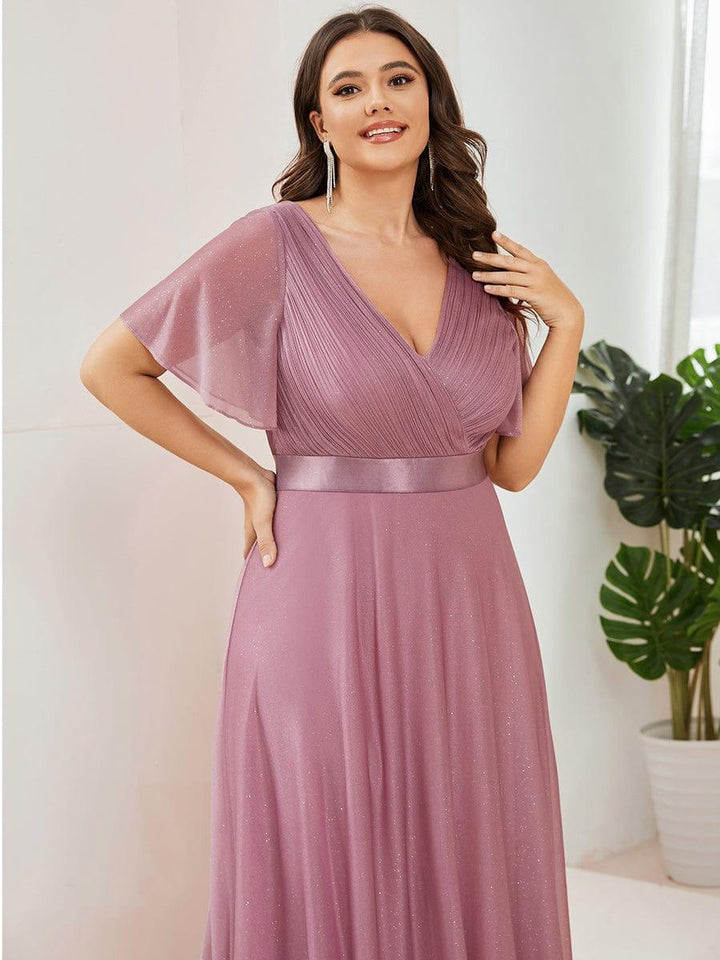 Plus size sparkly ribbon waist V-neck evening dress with sleeves for women