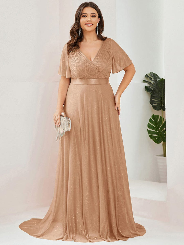 Plus size sparkly ribbon waist V-neck evening dress with sleeves for women