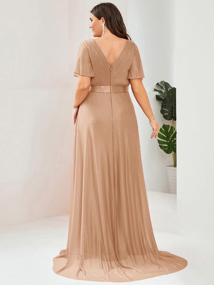 Plus size sparkly ribbon waist V-neck evening dress with sleeves for women