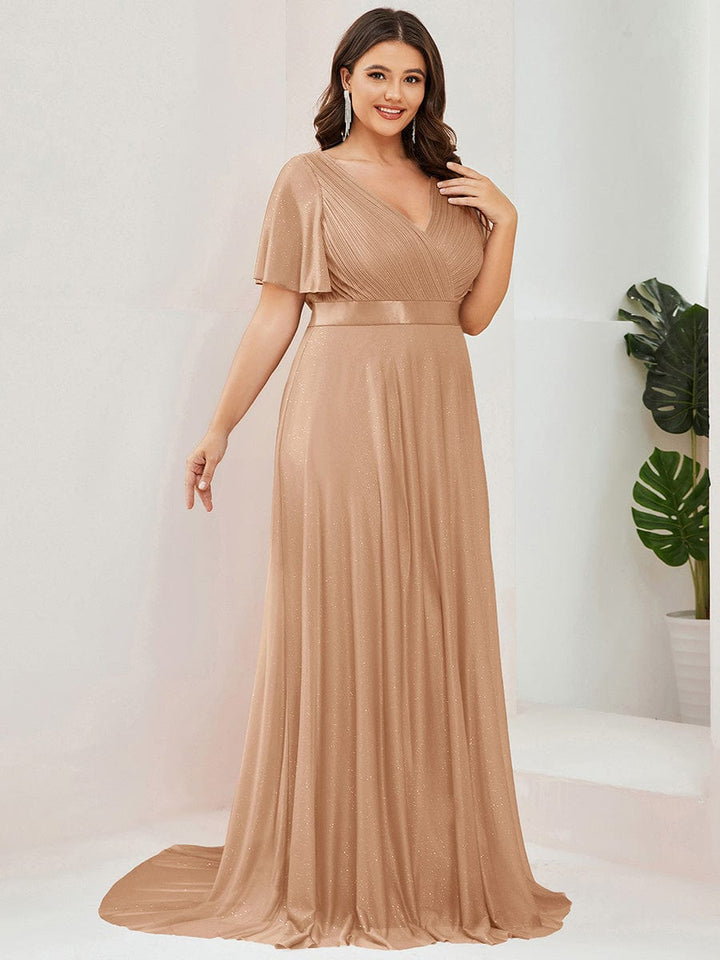 Plus size sparkly ribbon waist V-neck evening dress with sleeves for women