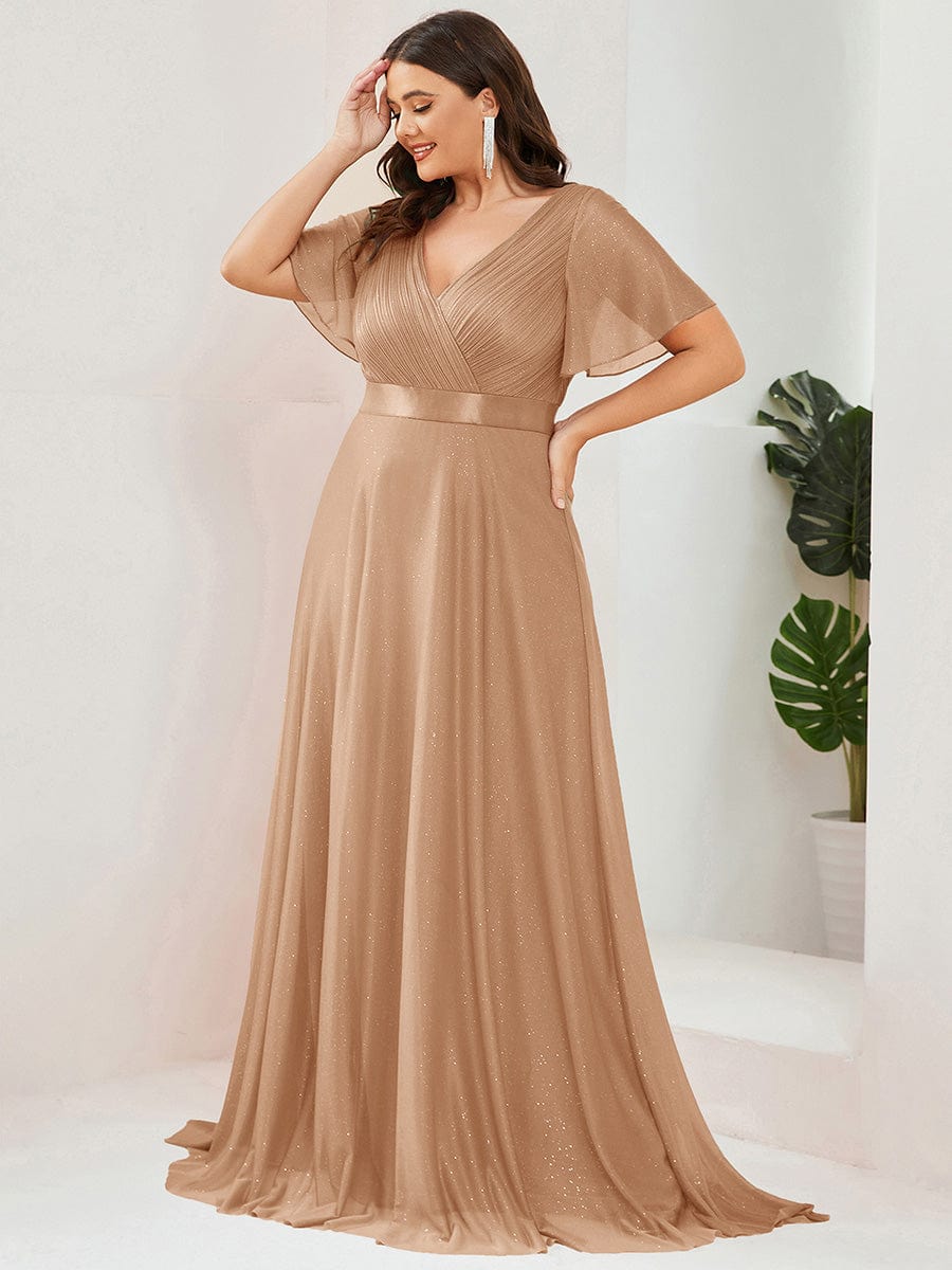 Plus size sparkly ribbon waist V-neck evening dress with sleeves for women