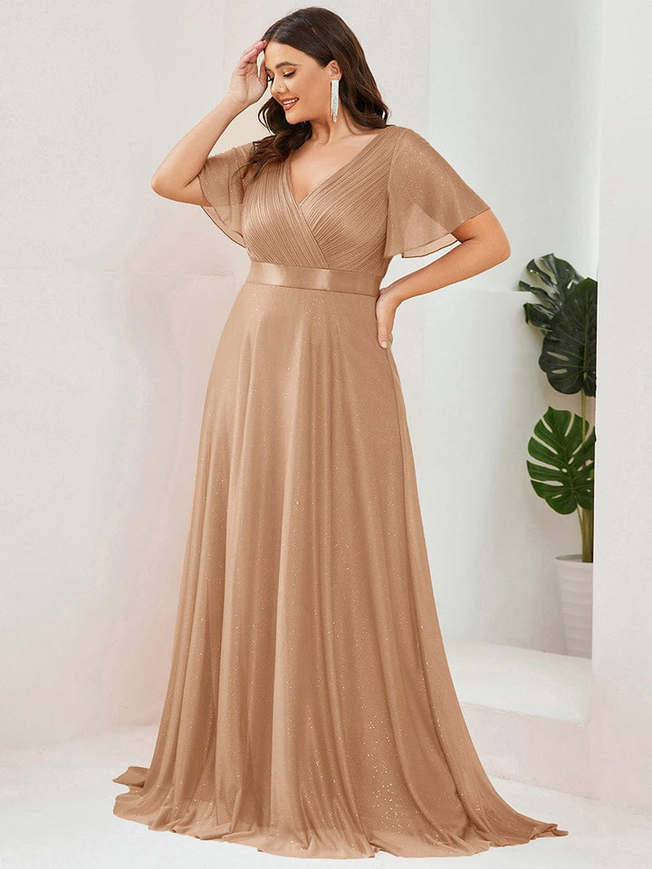 Plus size sparkly ribbon waist V-neck evening dress with sleeves for women