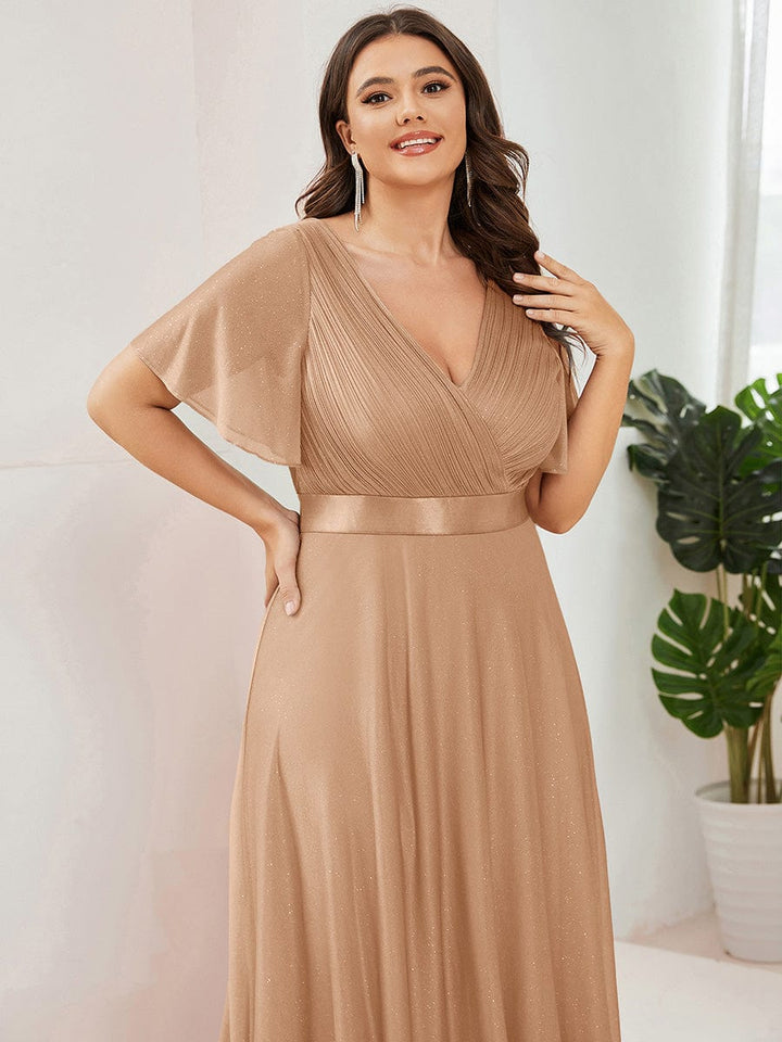 Plus size sparkly ribbon waist V-neck evening dress with sleeves for women