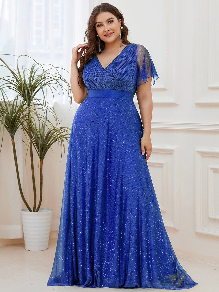 Plus size sparkly ribbon waist V-neck evening dress with sleeves for women
