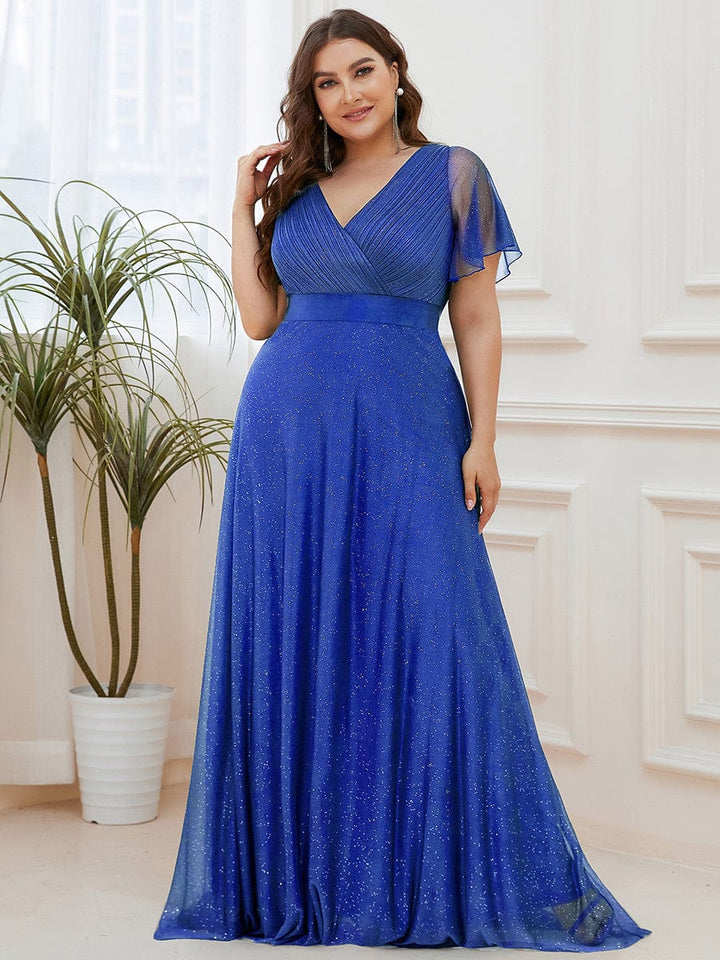 Plus size sparkly ribbon waist V-neck evening dress with sleeves for women