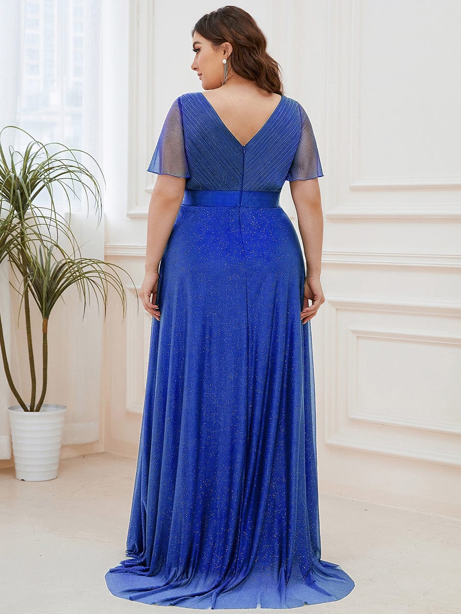 Plus size sparkly ribbon waist V-neck evening dress with sleeves for women