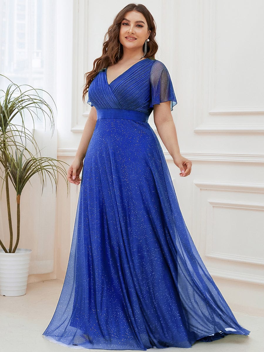 Plus size sparkly ribbon waist V-neck evening dress with sleeves for women