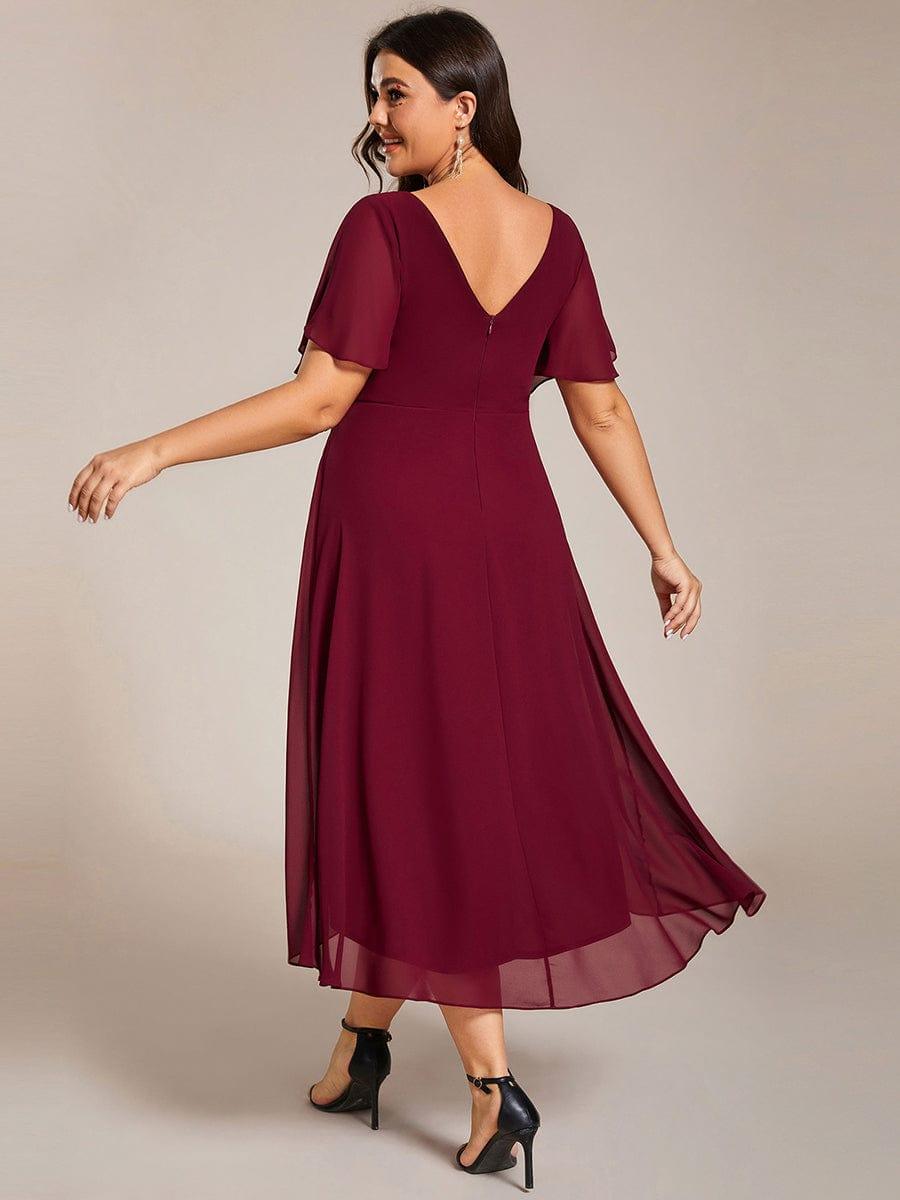 Plus size chiffon double V-neck midi wedding guest dress with ruffle sleeves for women