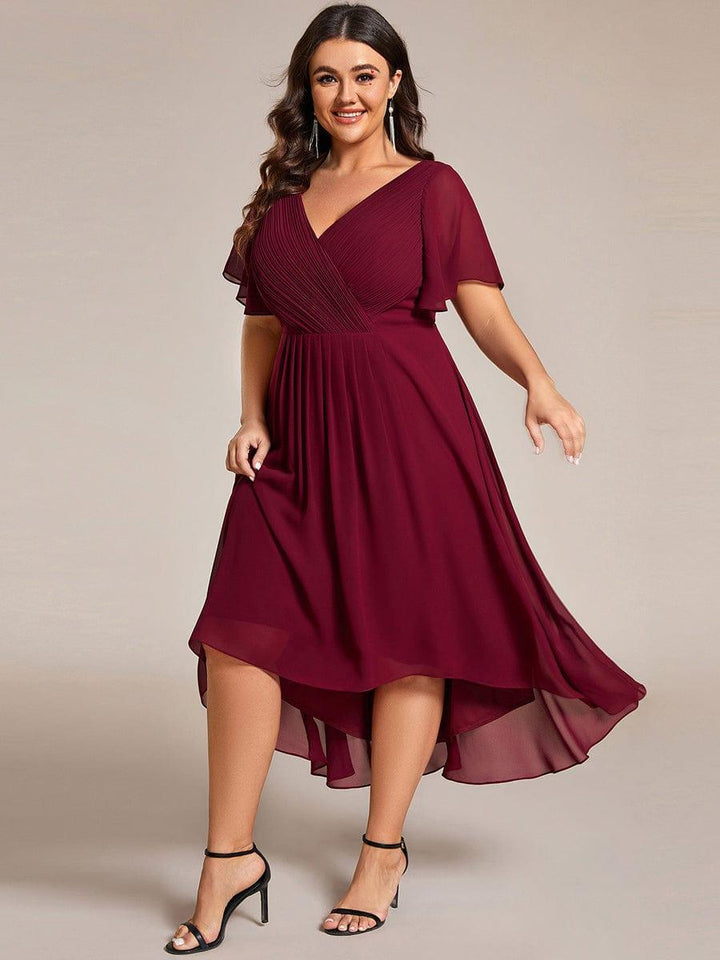 Plus size chiffon double V-neck midi wedding guest dress with ruffle sleeves for women