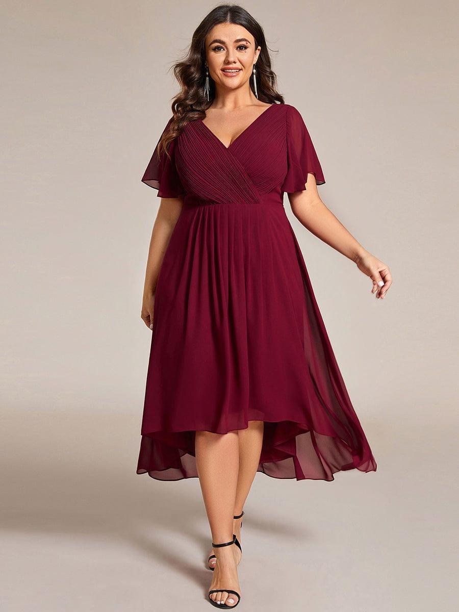 Plus size chiffon double V-neck midi wedding guest dress with ruffle sleeves for women