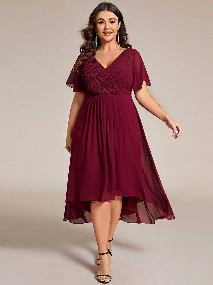 Plus size chiffon double V-neck midi wedding guest dress with ruffle sleeves for women