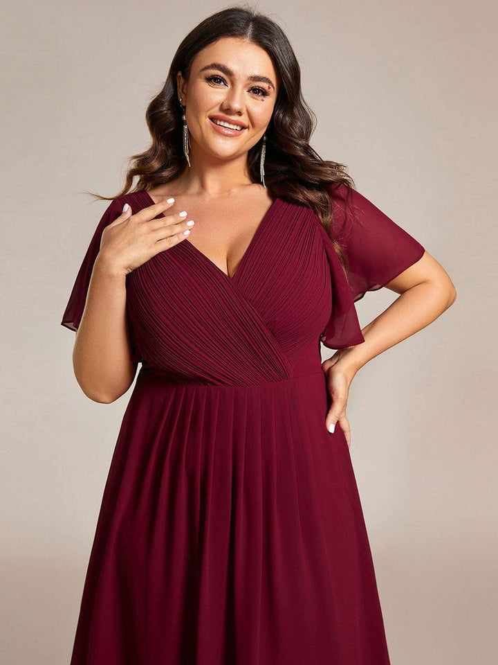 Plus size chiffon double V-neck midi wedding guest dress with ruffle sleeves for women