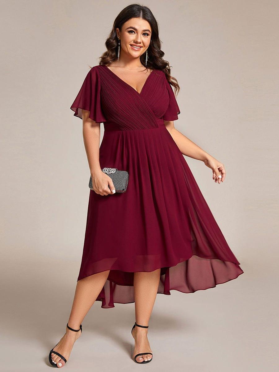 Plus size chiffon double V-neck midi wedding guest dress with ruffle sleeves for women