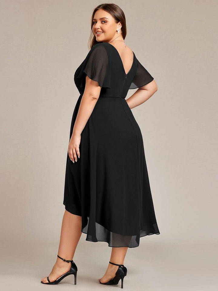 Plus size chiffon double V-neck midi wedding guest dress with ruffle sleeves for women