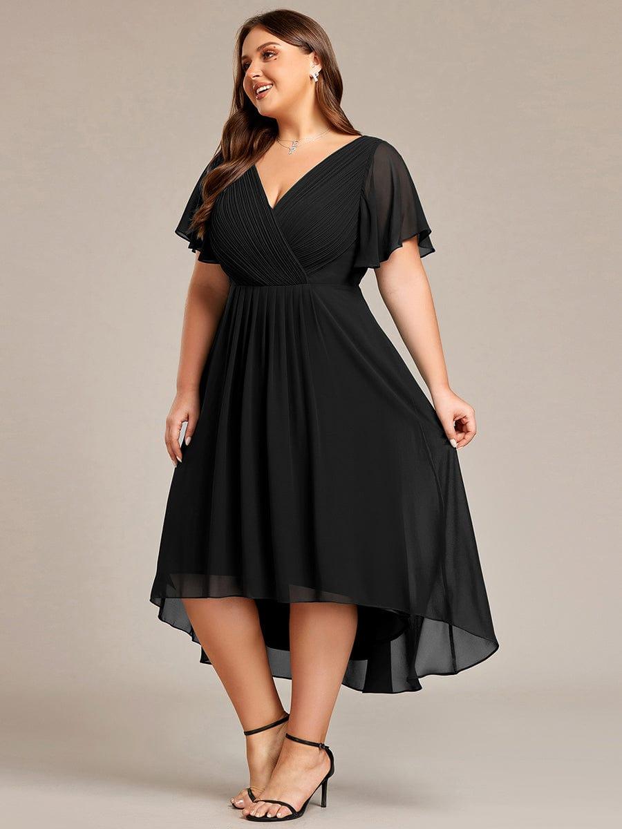 Plus size chiffon double V-neck midi wedding guest dress with ruffle sleeves for women