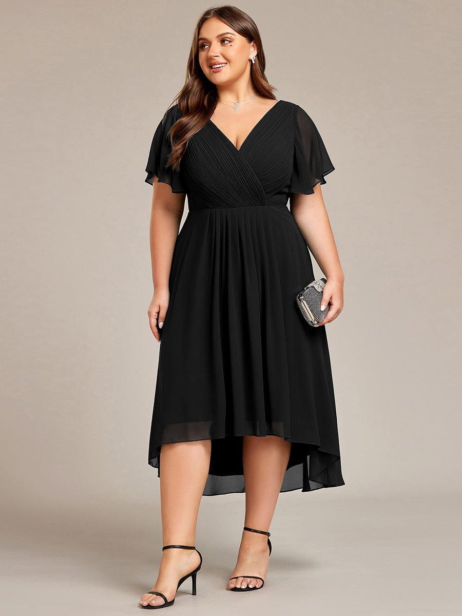 Plus size chiffon double V-neck midi wedding guest dress with ruffle sleeves for women