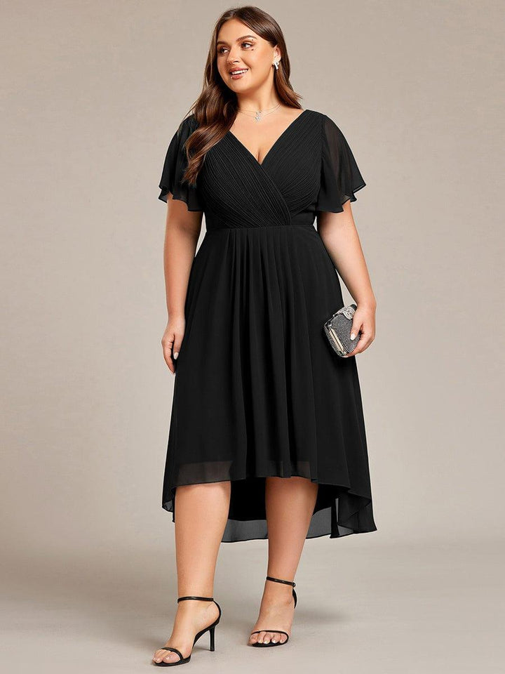 Plus size chiffon double V-neck midi wedding guest dress with ruffle sleeves for women