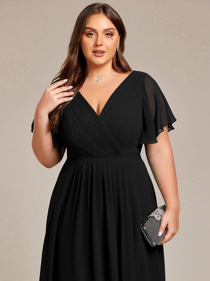 Plus size chiffon double V-neck midi wedding guest dress with ruffle sleeves for women