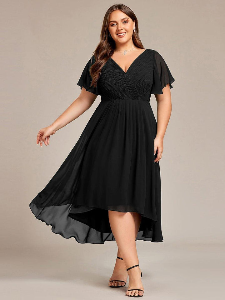 Plus size chiffon double V-neck midi wedding guest dress with ruffle sleeves for women