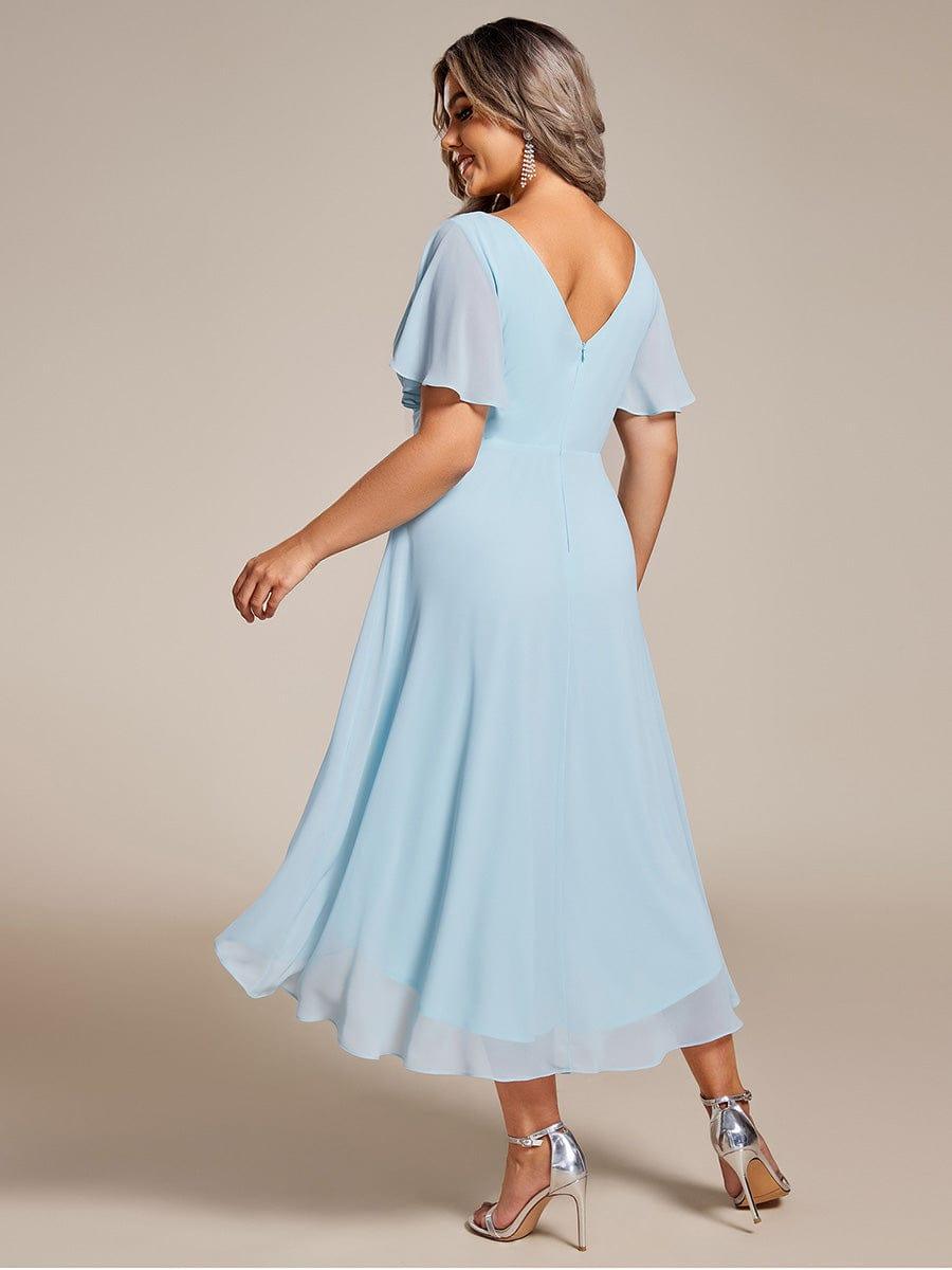 Plus size chiffon double V-neck midi wedding guest dress with ruffle sleeves for women