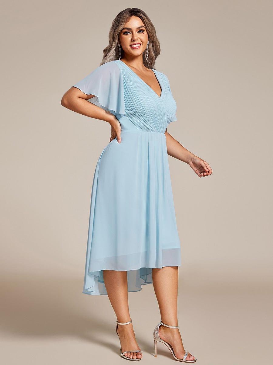 Plus size chiffon double V-neck midi wedding guest dress with ruffle sleeves for women