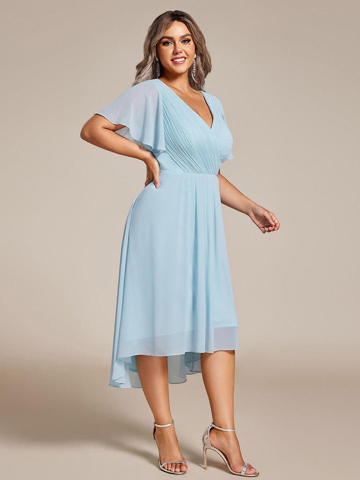 Plus size chiffon double V-neck midi wedding guest dress with ruffle sleeves for women