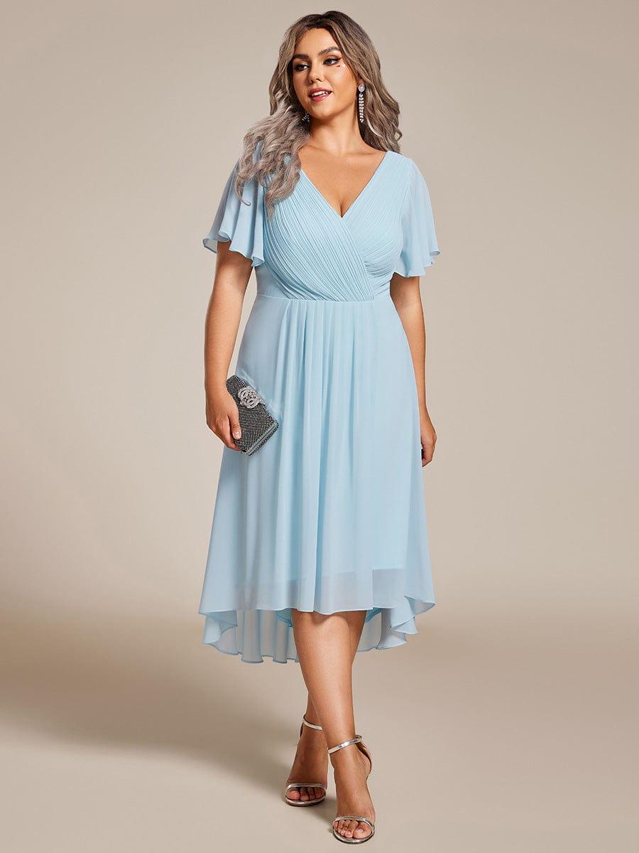Plus size chiffon double V-neck midi wedding guest dress with ruffle sleeves for women