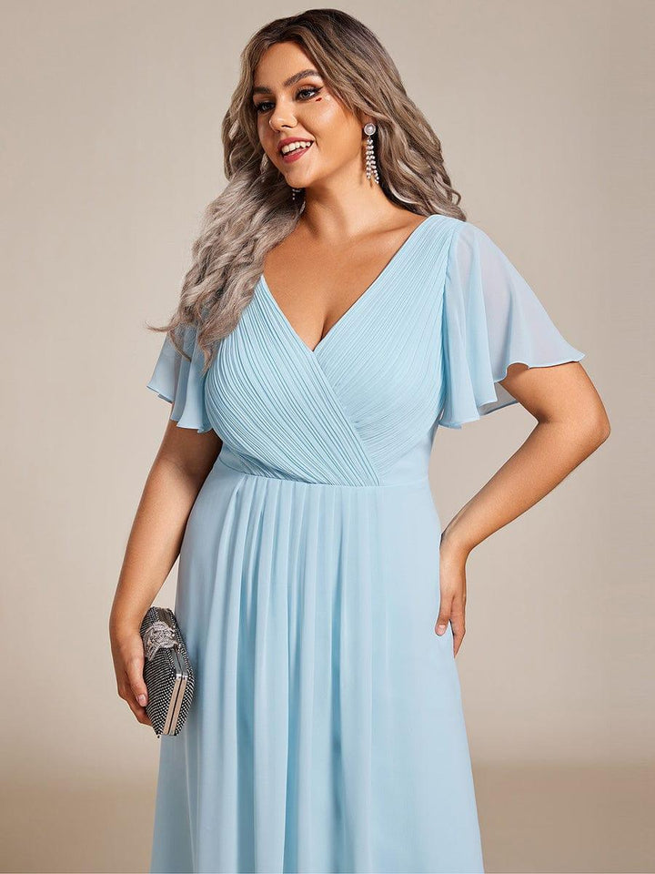 Plus size chiffon double V-neck midi wedding guest dress with ruffle sleeves for women