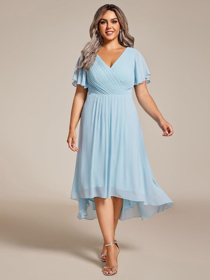 Plus size chiffon double V-neck midi wedding guest dress with ruffle sleeves for women