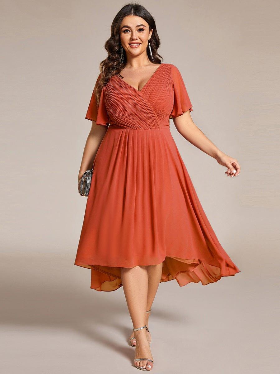 Plus size chiffon double V-neck midi wedding guest dress with ruffle sleeves for women