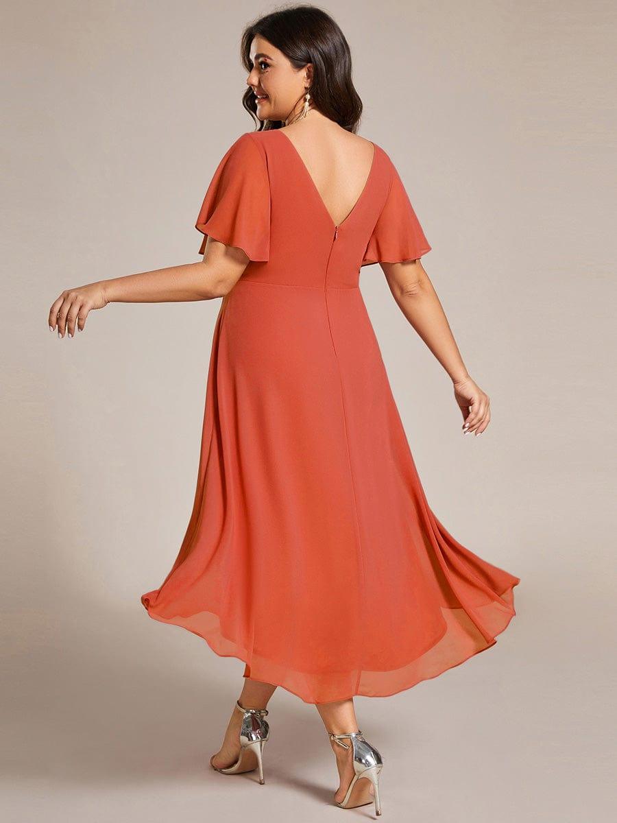 Plus size chiffon double V-neck midi wedding guest dress with ruffle sleeves for women