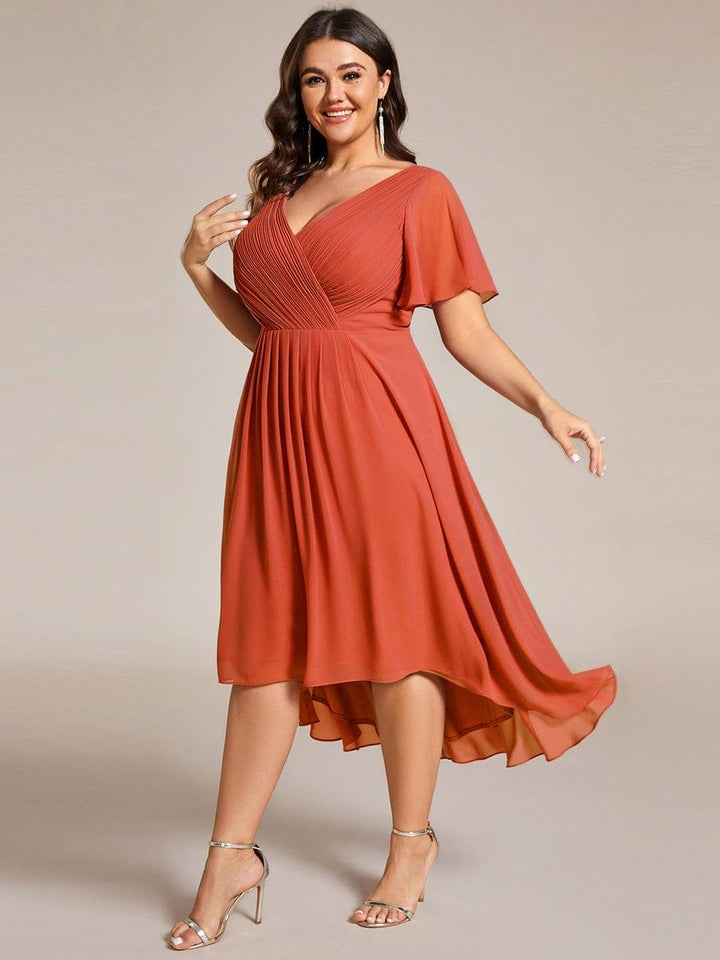 Plus size chiffon double V-neck midi wedding guest dress with ruffle sleeves for women