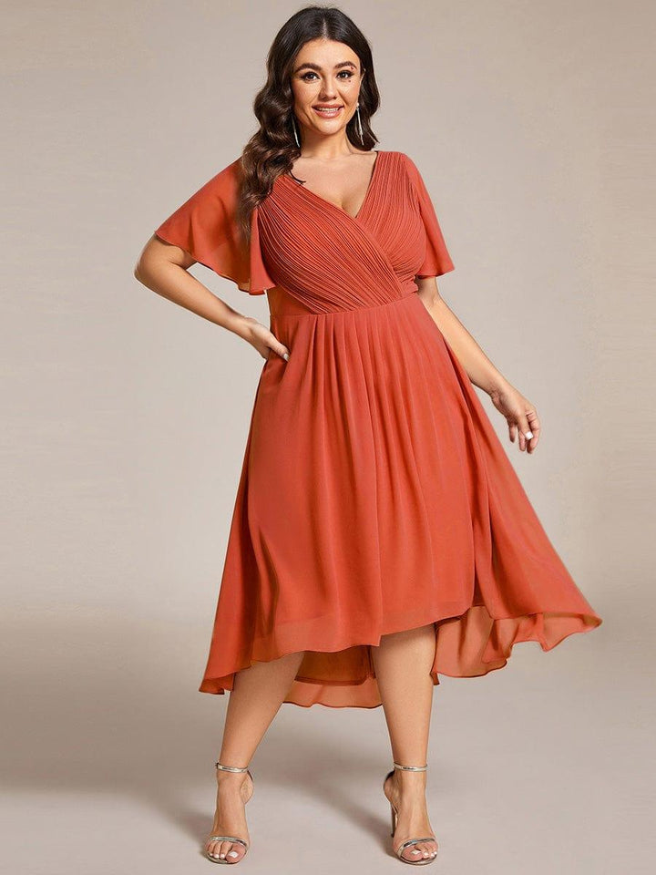 Plus size chiffon double V-neck midi wedding guest dress with ruffle sleeves for women