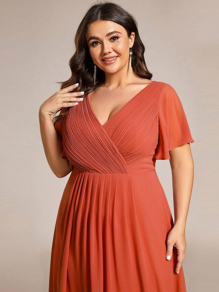 Plus size chiffon double V-neck midi wedding guest dress with ruffle sleeves for women
