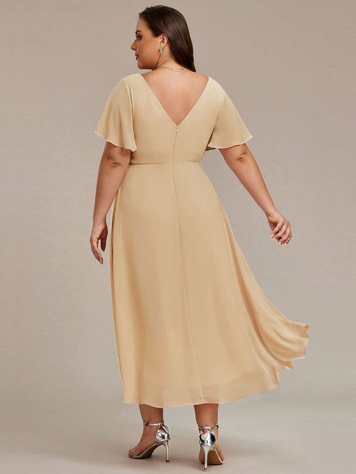 Plus size chiffon double V-neck midi wedding guest dress with ruffle sleeves for women