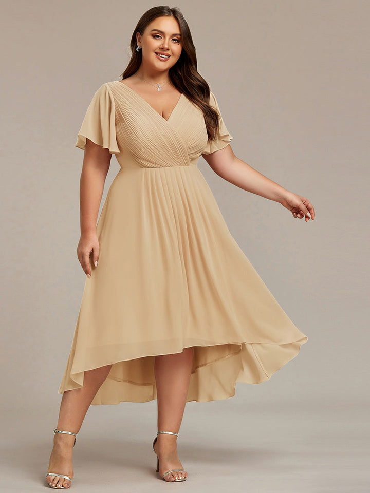 Plus size chiffon double V-neck midi wedding guest dress with ruffle sleeves for women