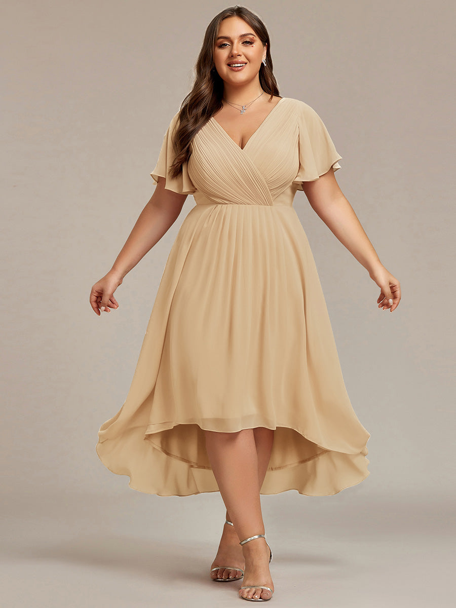 Plus size chiffon double V-neck midi wedding guest dress with ruffle sleeves for women