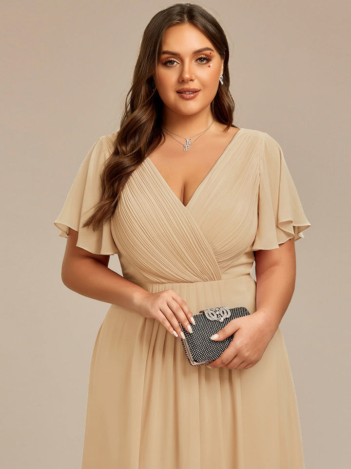 Plus size chiffon double V-neck midi wedding guest dress with ruffle sleeves for women