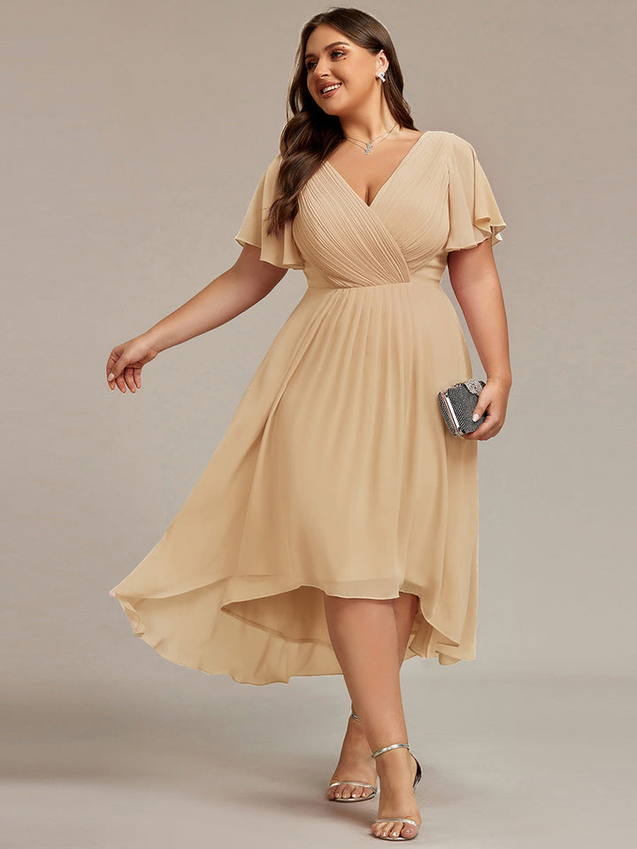 Plus size chiffon double V-neck midi wedding guest dress with ruffle sleeves for women