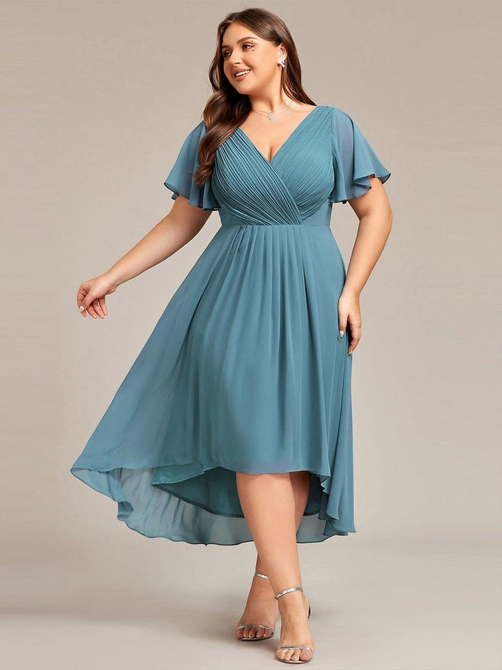 Plus size chiffon double V-neck midi wedding guest dress with ruffle sleeves for women