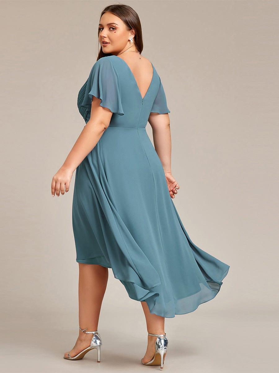 Plus size chiffon double V-neck midi wedding guest dress with ruffle sleeves for women