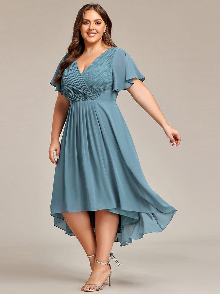 Plus size chiffon double V-neck midi wedding guest dress with ruffle sleeves for women