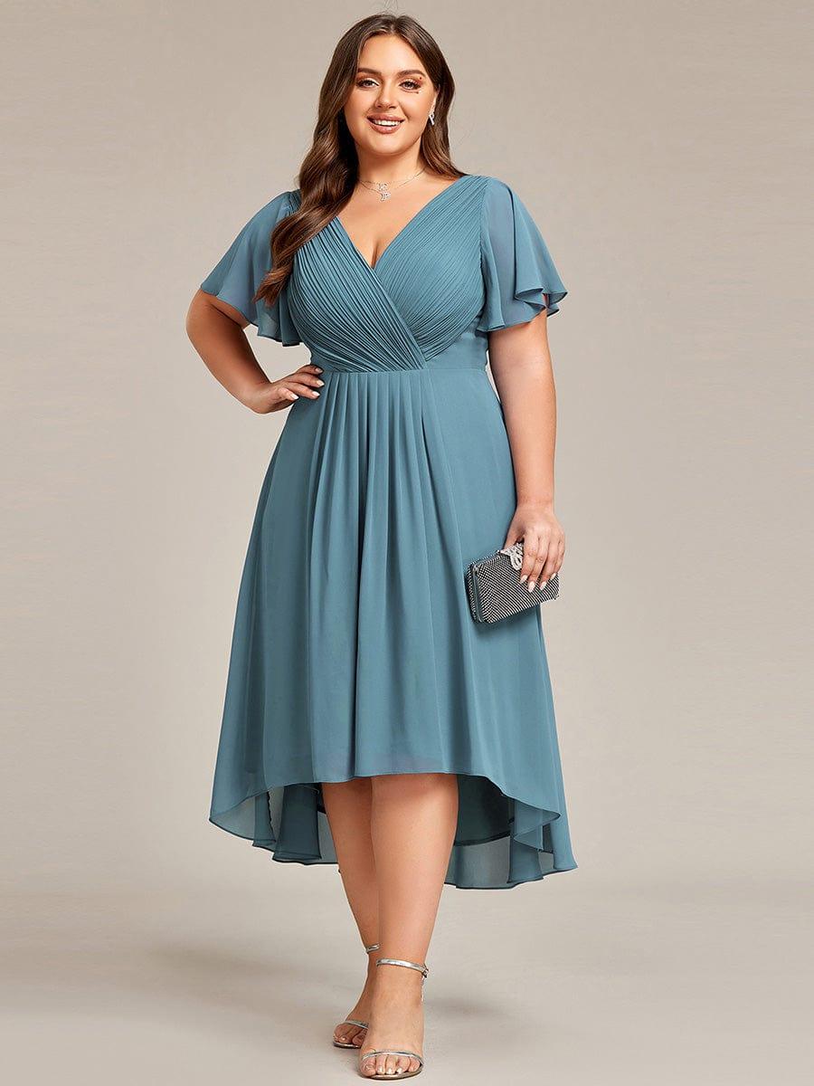 Plus size chiffon double V-neck midi wedding guest dress with ruffle sleeves for women