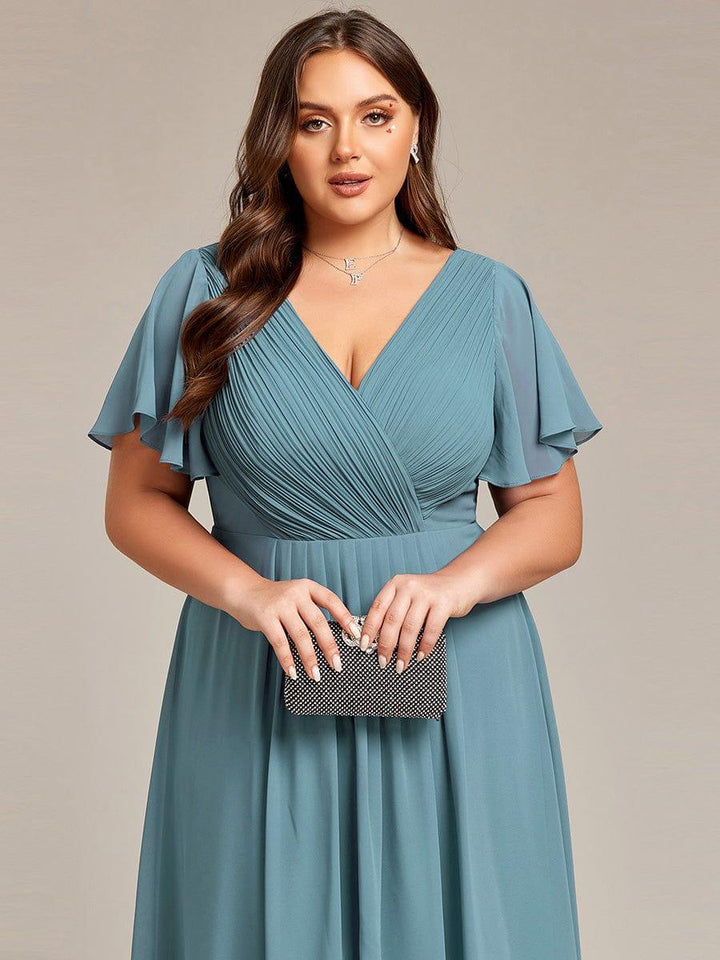 Plus size chiffon double V-neck midi wedding guest dress with ruffle sleeves for women
