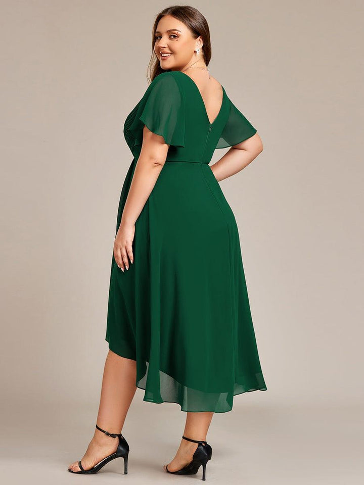 Plus size chiffon double V-neck midi wedding guest dress with ruffle sleeves for women