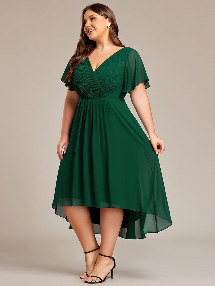 Plus size chiffon double V-neck midi wedding guest dress with ruffle sleeves for women