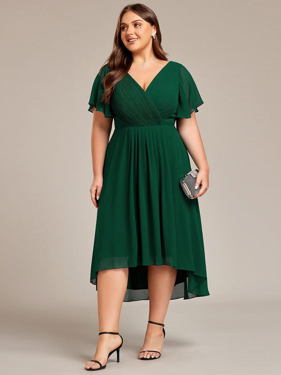 Plus size chiffon double V-neck midi wedding guest dress with ruffle sleeves for women